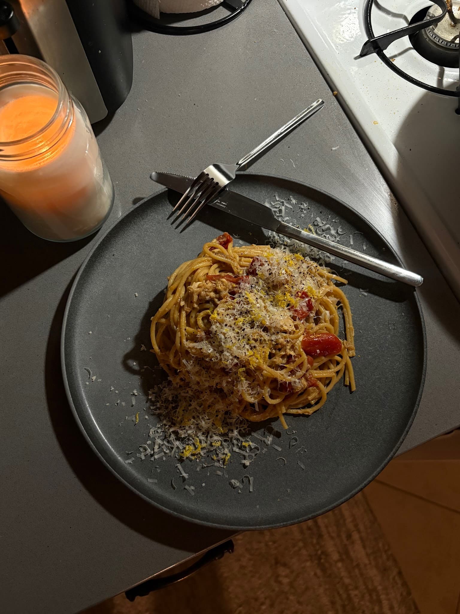 Pasta finished with grated cheese